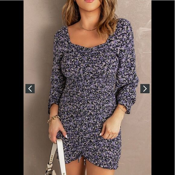 KENEDIK Floral Ruched Long Sleeve Dress - Picture 1 of 14